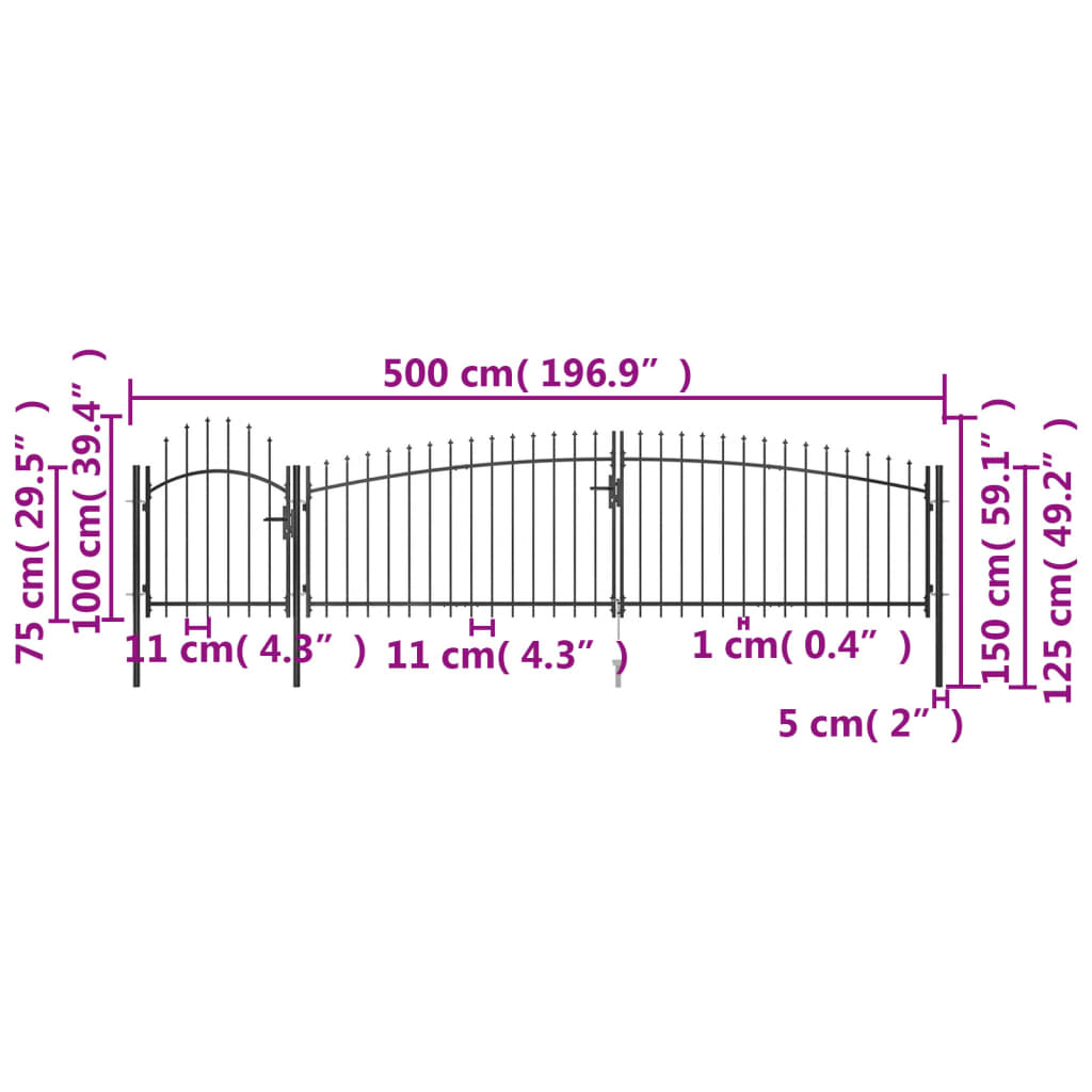 vidaXL Puutarha-aidan portti keihäskärjillä 5x1,5 m musta