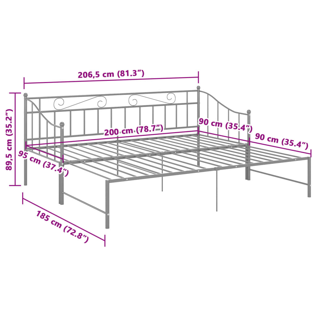 vidaXL Vuodesohvan runko harmaa metalli 90x200 cm