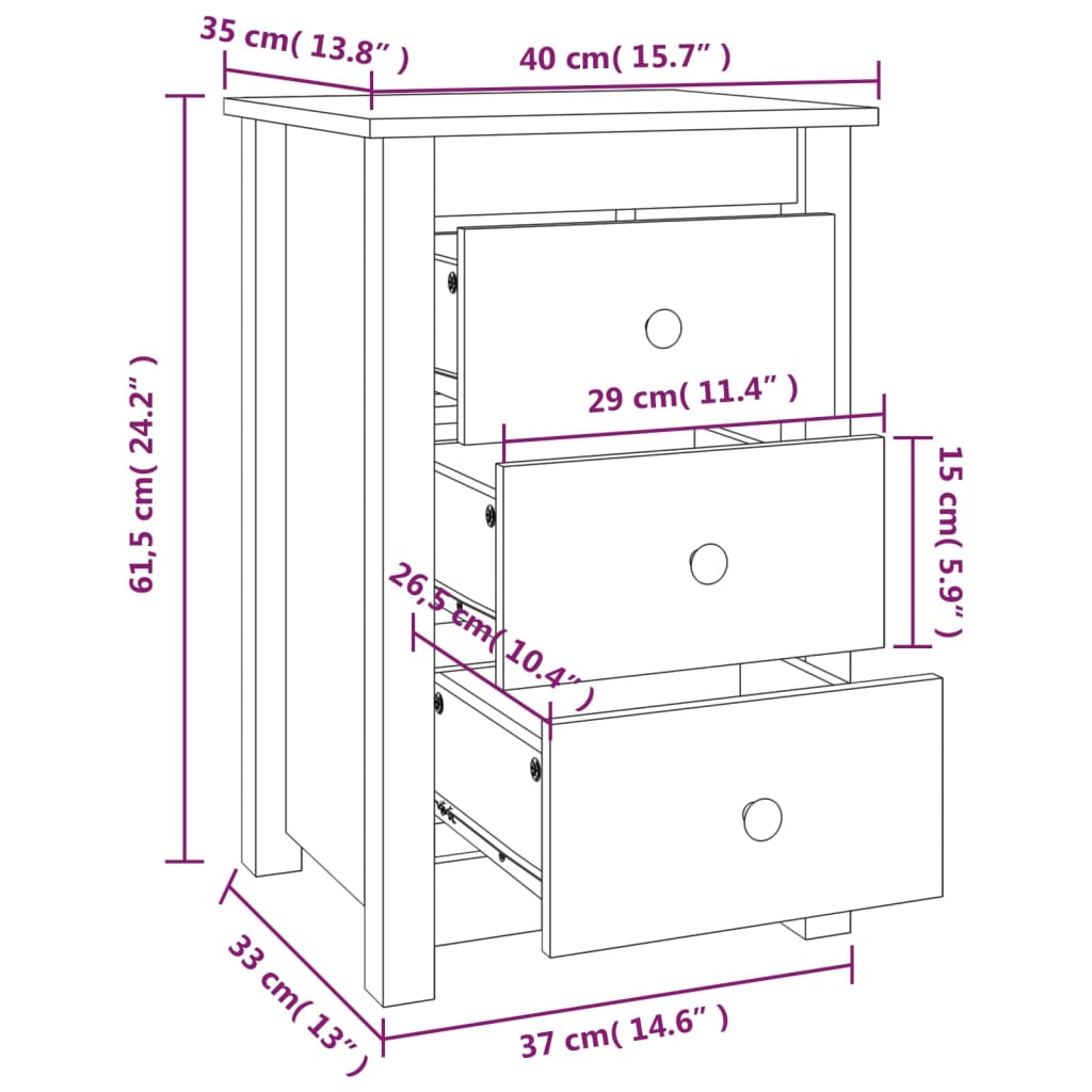 vidaXL Yöpöydät 2 kpl musta 40x35x61,5 cm täysi mänty