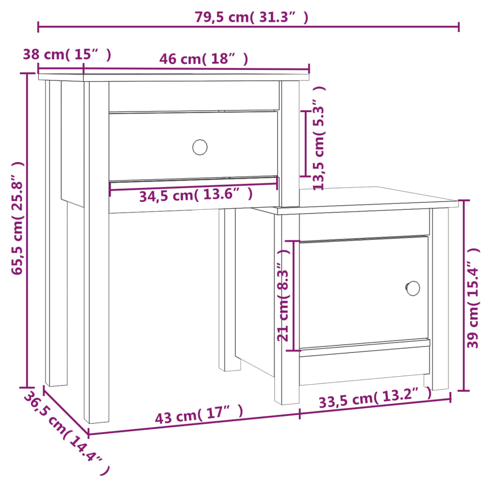 vidaXL Yöpöydät 2 kpl musta 79,5x38x65,5 cm täysi mänty