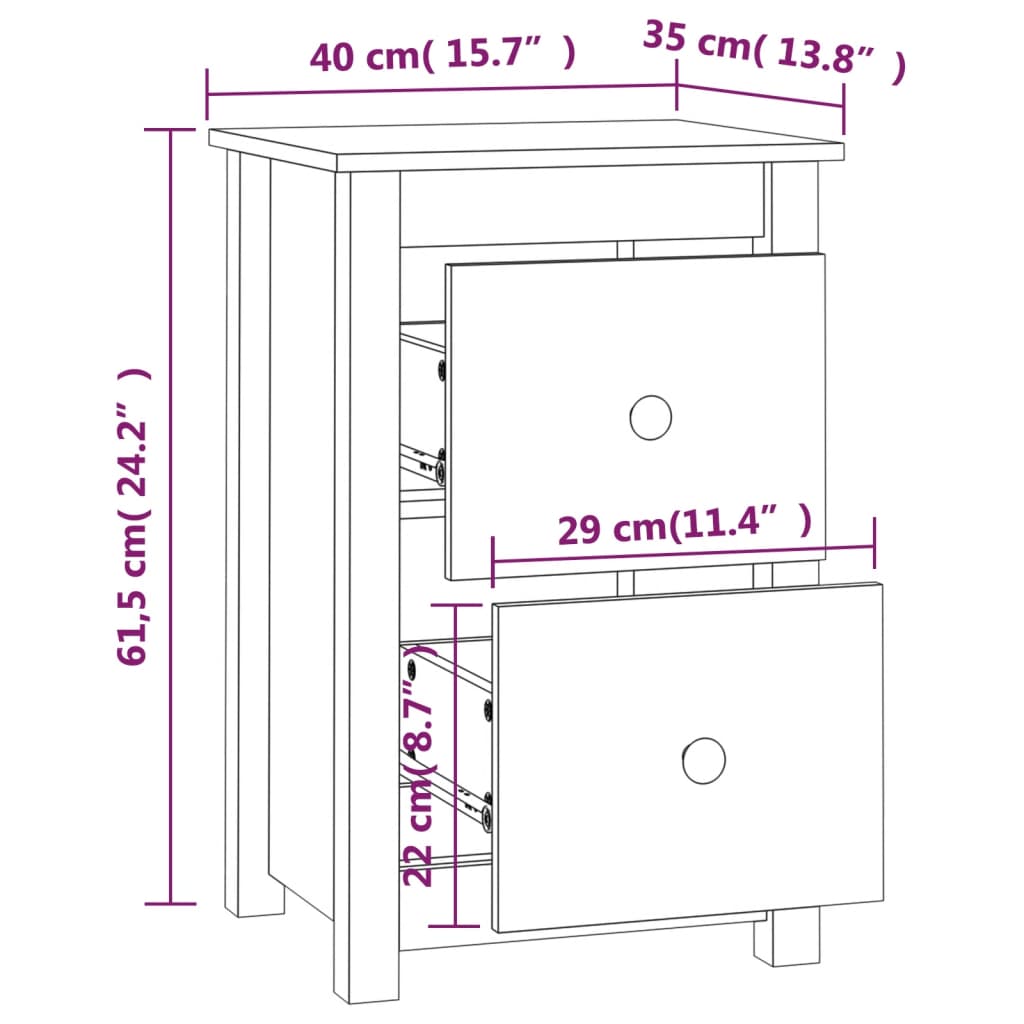 vidaXL Yöpöydät 2 kpl 40x35x61,5 cm täysi mänty