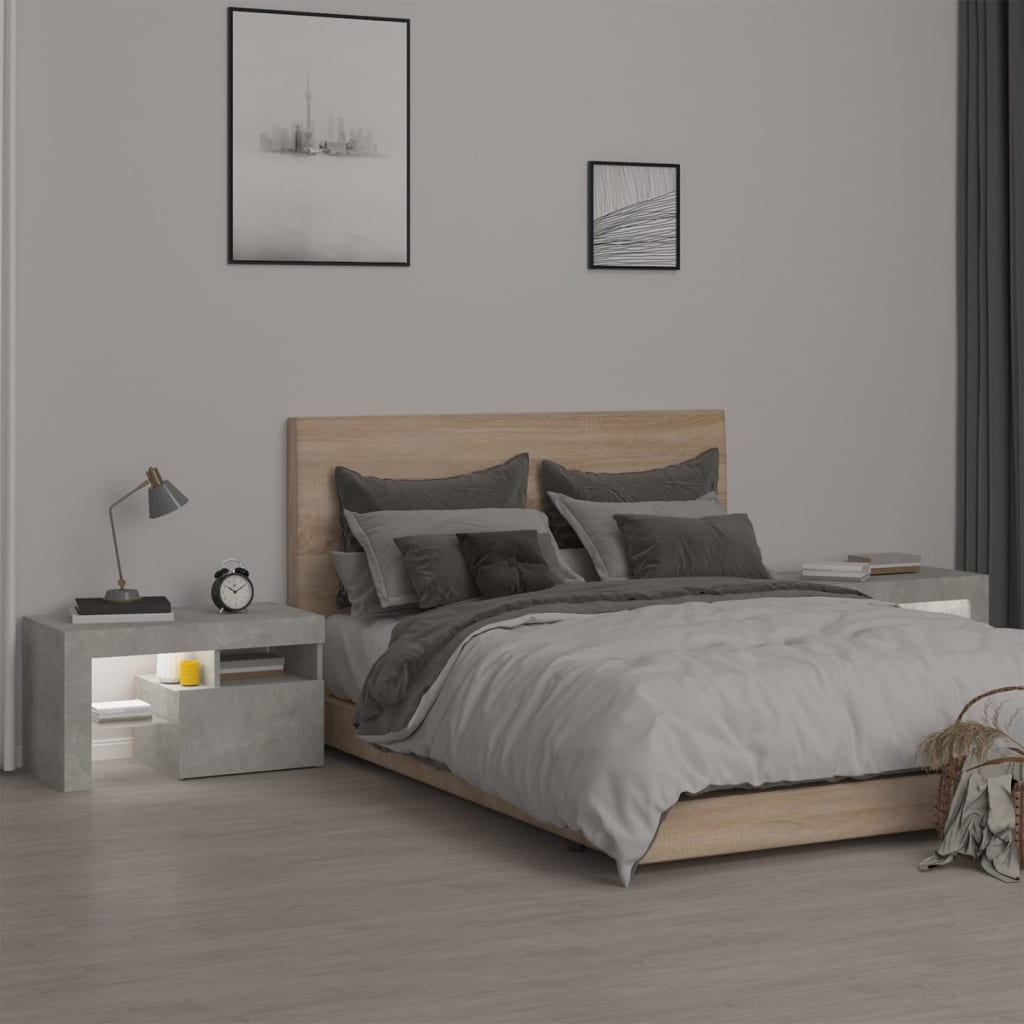 vidaXL Yöpöydät 2 kpl LED-valoilla betoninharmaa 70x36,5x40 cm