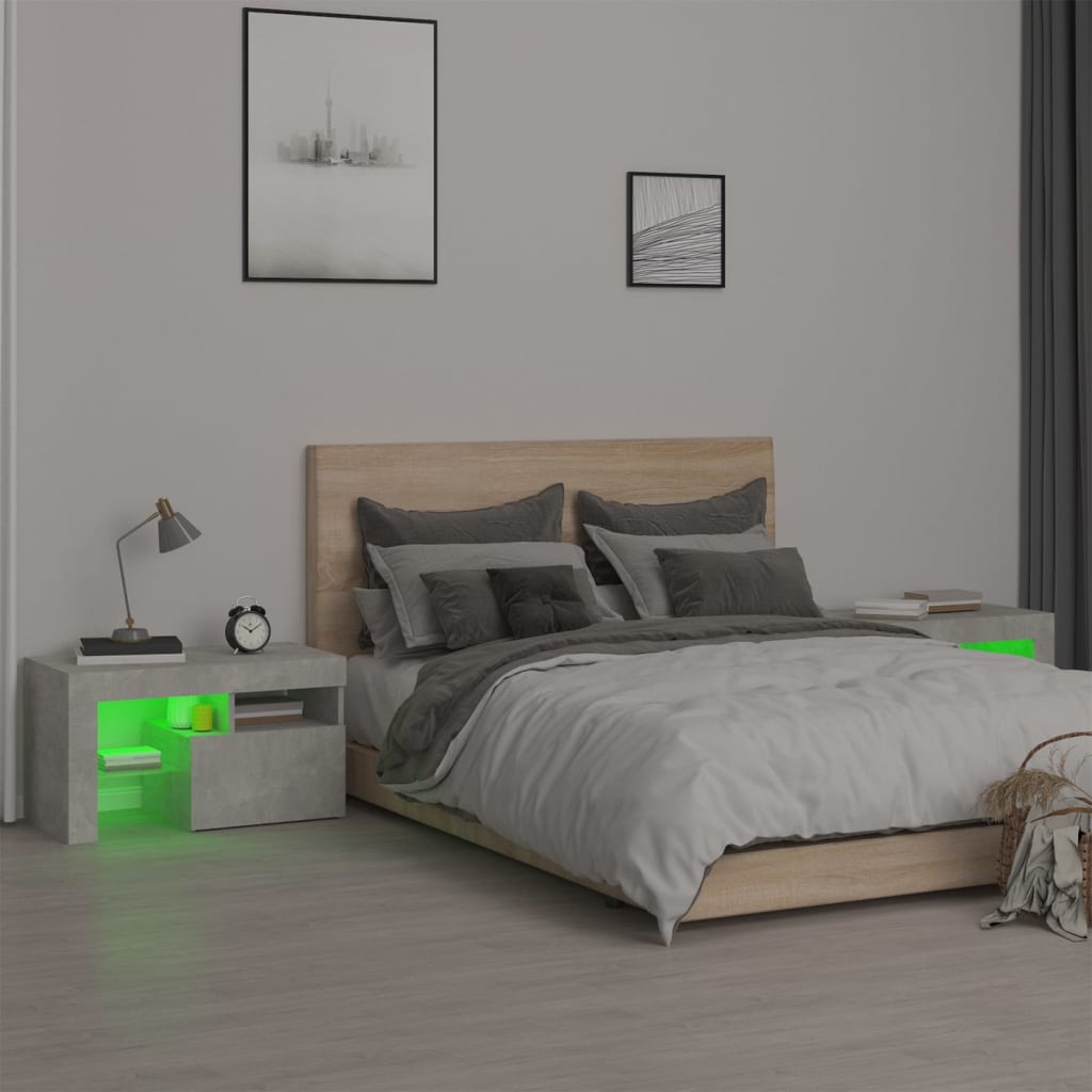 vidaXL Yöpöydät 2 kpl LED-valoilla betoninharmaa 70x36,5x40 cm