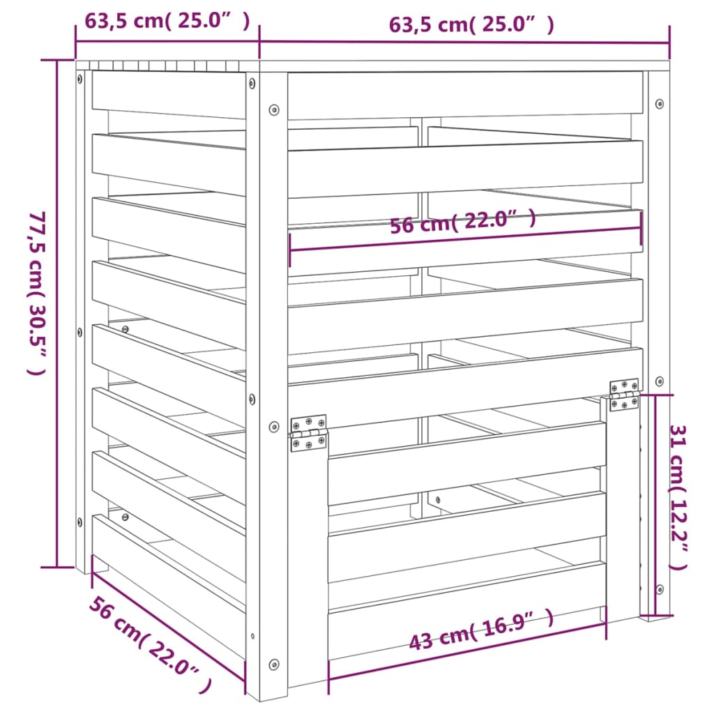 vidaXL Komposti 63,5x63,5x77,5 cm täysi mänty