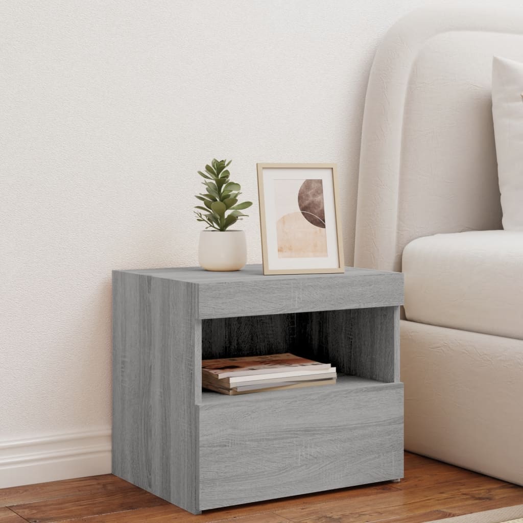 vidaXL Yöpöytä LED-valoilla harmaa Sonoma 50x40x45 cm