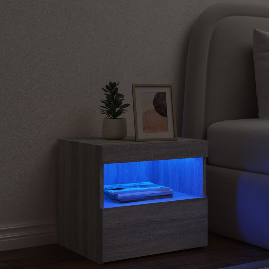 vidaXL Yöpöytä LED-valoilla harmaa Sonoma 50x40x45 cm