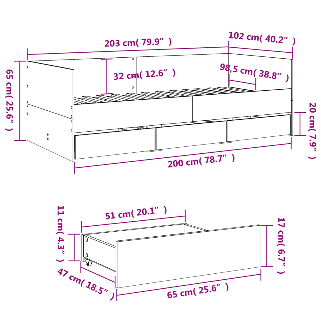 vidaXL Vuodesohva laatikoilla ei patjaa betoninharmaa 100x200 cm