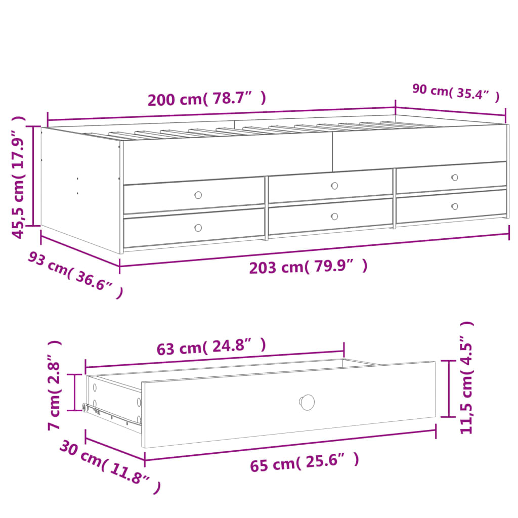 vidaXL Vuodesohva laatikoilla ei patjaa betoninharmaa 90x200 cm