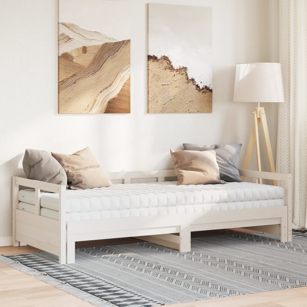 vidaXL Vuodesohva rullilla ja patjoilla valk. 80x200 cm täysi mänty