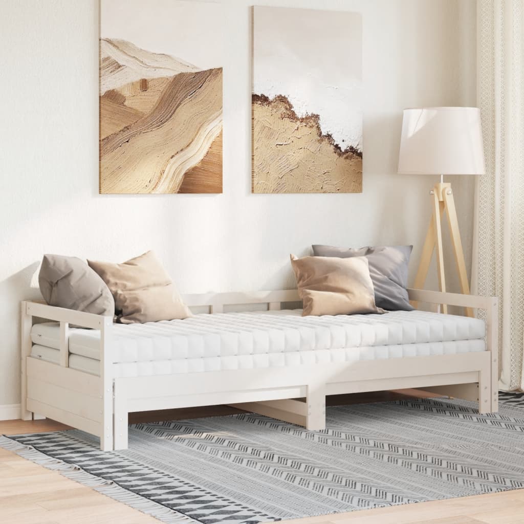 vidaXL Vuodesohva rullilla ja patjoilla valk. 90x200 cm täysi mänty