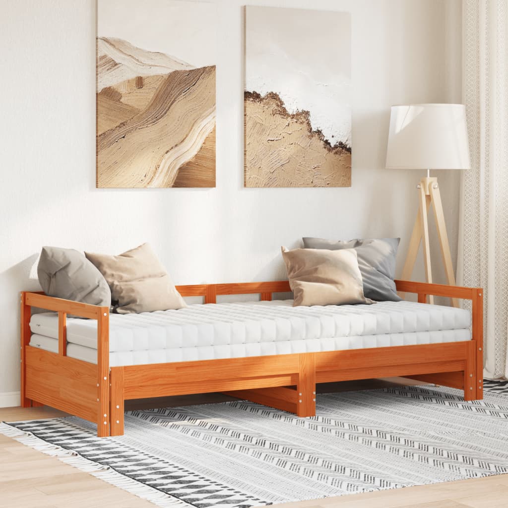 vidaXL Vuodesohva rullilla ja patjoilla ruskea 90x200 cm täysi mänty