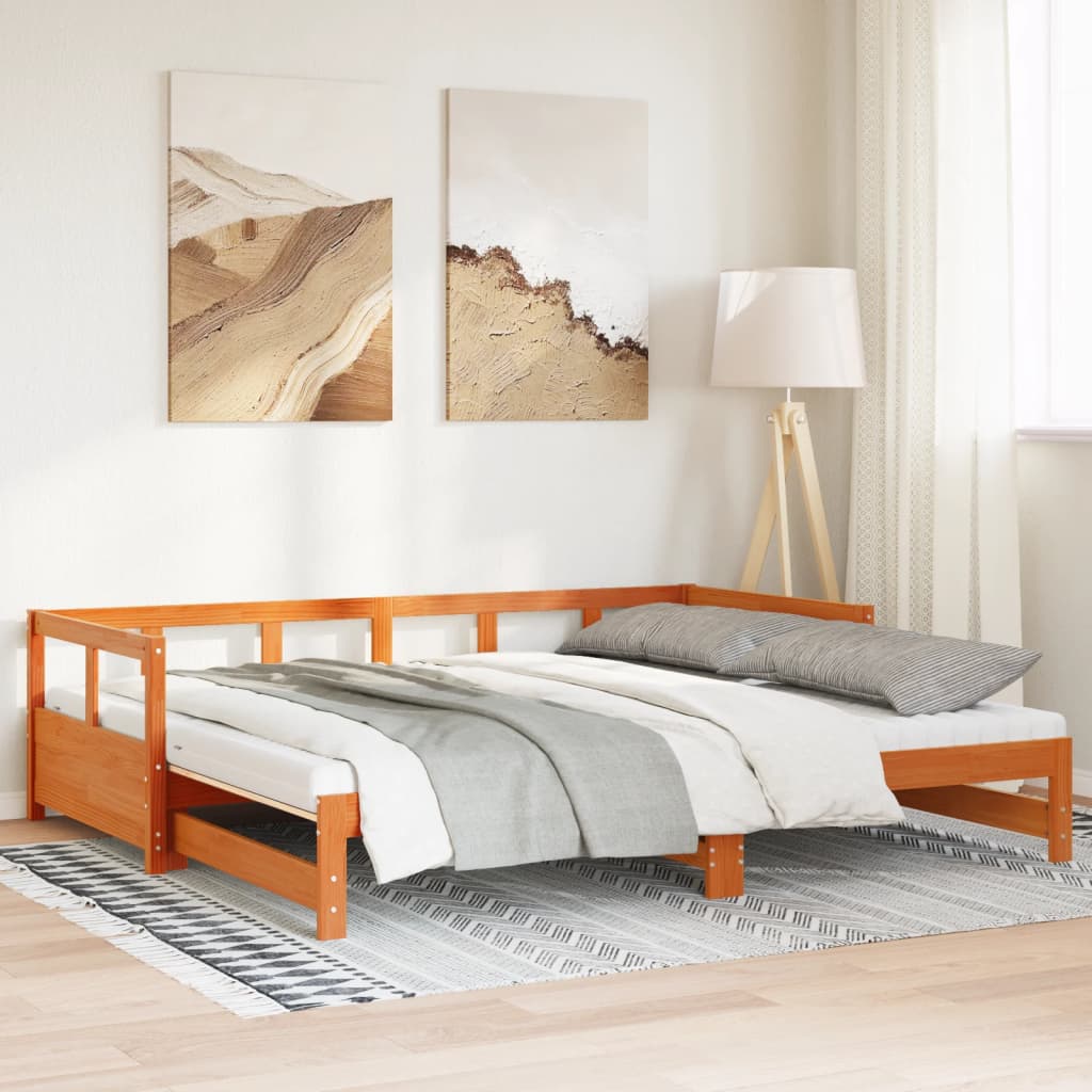 vidaXL Vuodesohva rullilla ja patjoilla ruskea 90x200 cm täysi mänty