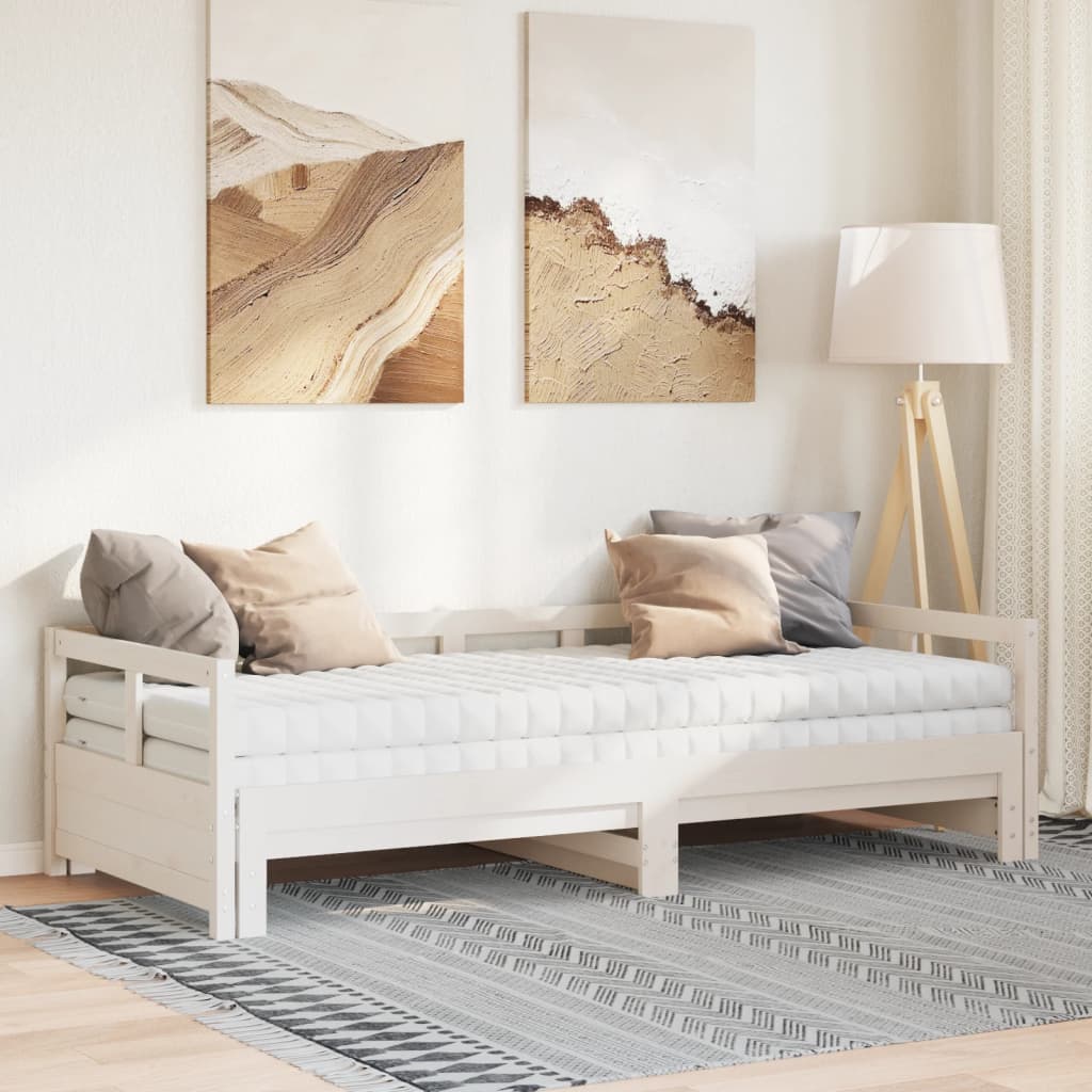vidaXL Vuodesohva rullilla ja patjoilla valk. 90x190 cm täysi mänty