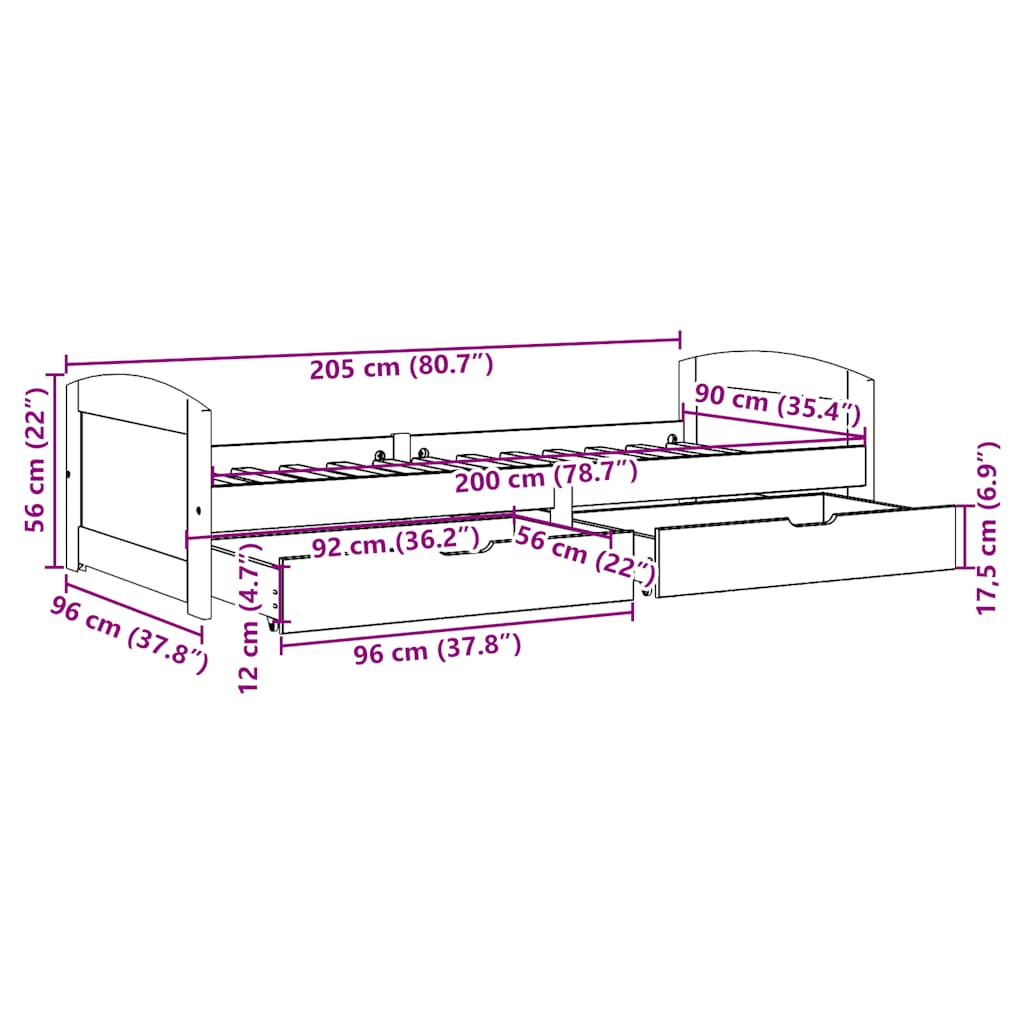 vidaXL-sohvasänky kahdella laatikolla ilman patjaa IRUN musta 90x200cm