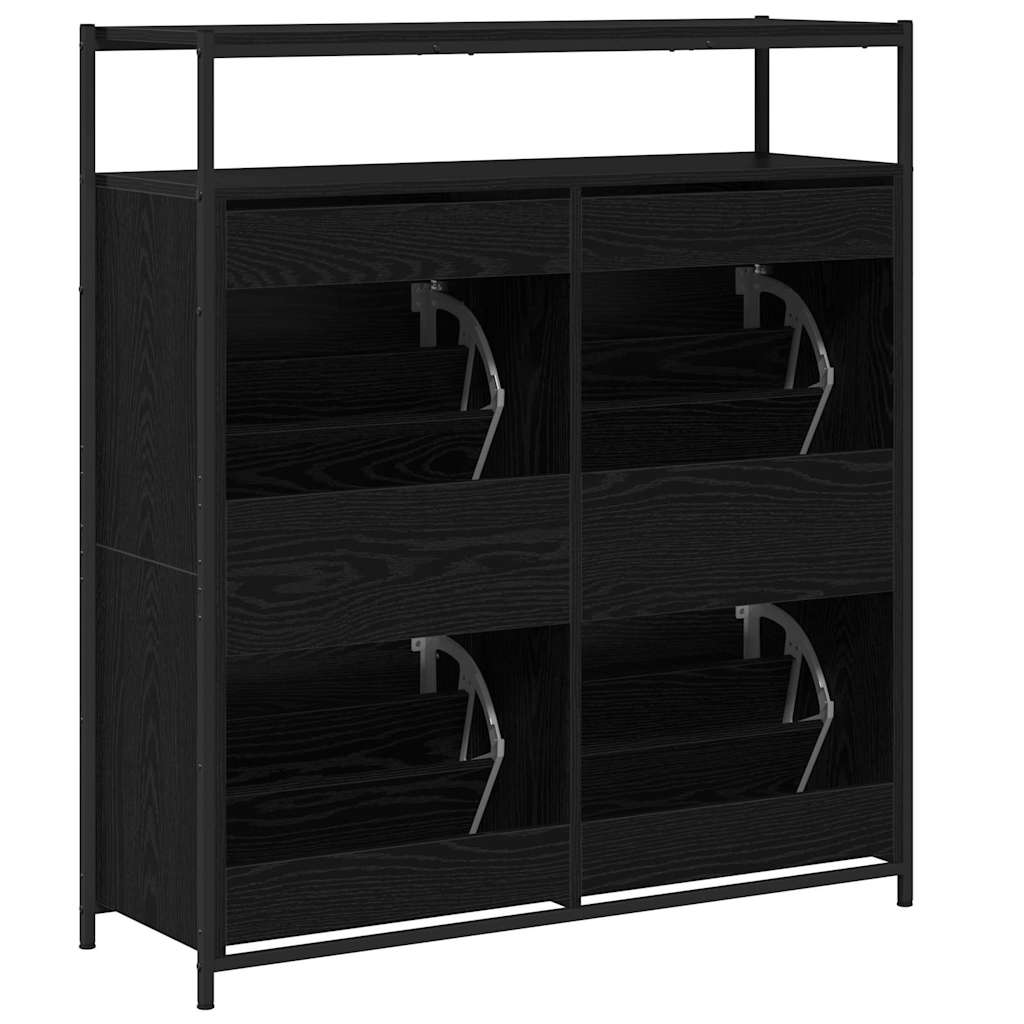 vidaXL kengäteline 4 kääntyvällä laatikolla Musta tammi 100x34x112 cm