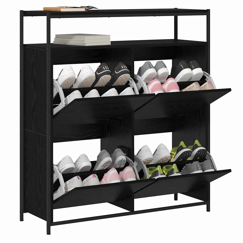 vidaXL kengäteline 4 kääntyvällä laatikolla Musta tammi 100x34x112 cm