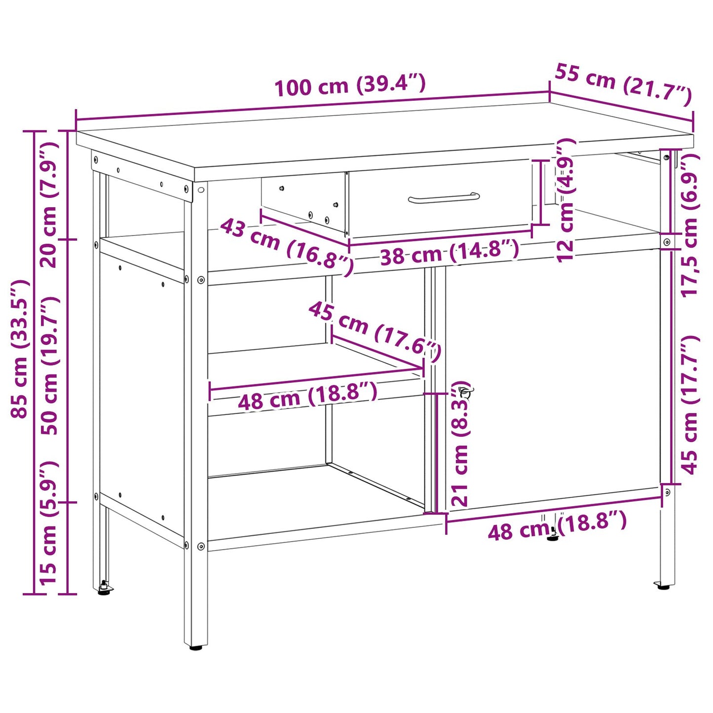 vidaXL Työpöytä lukittavalla ovella Musta 100x55x85 cm Teräs