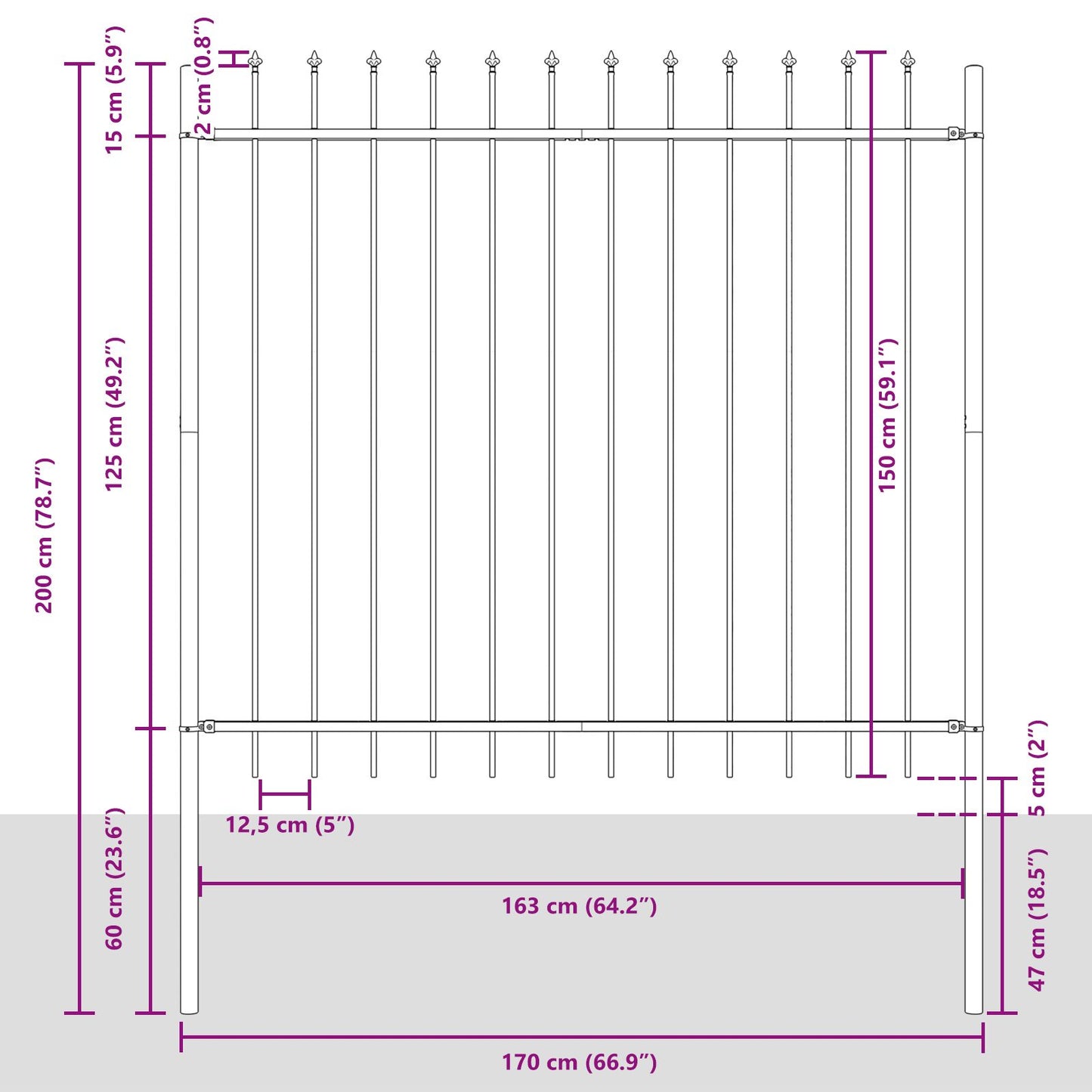 vidaXL Puutarhakaide Piikkikärjellä Harmaa 6,8x1,5 m Teräs