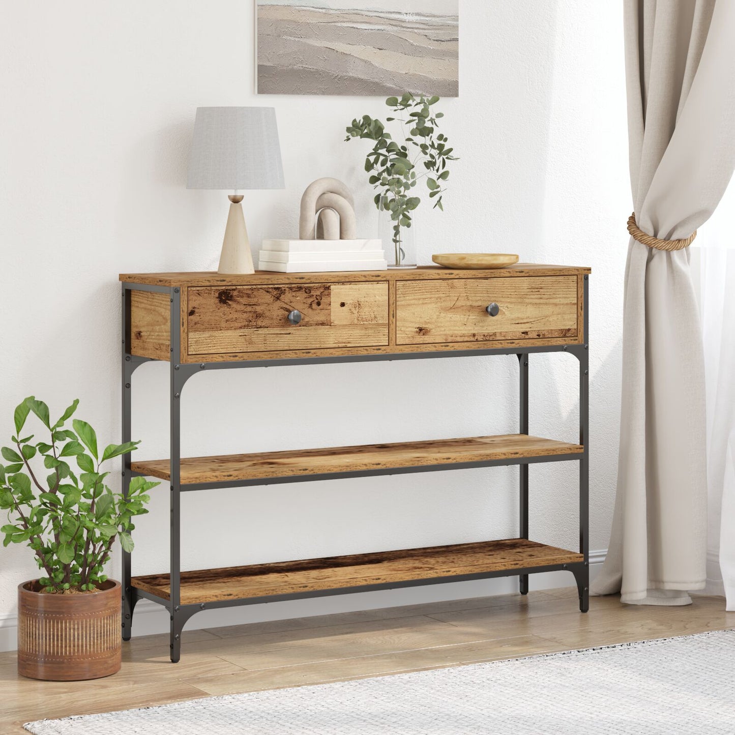 vidaXL Konsoli Pöytä Vanha Puu 100x25x75 cm Korkealuokkainen Puu ja Teräs