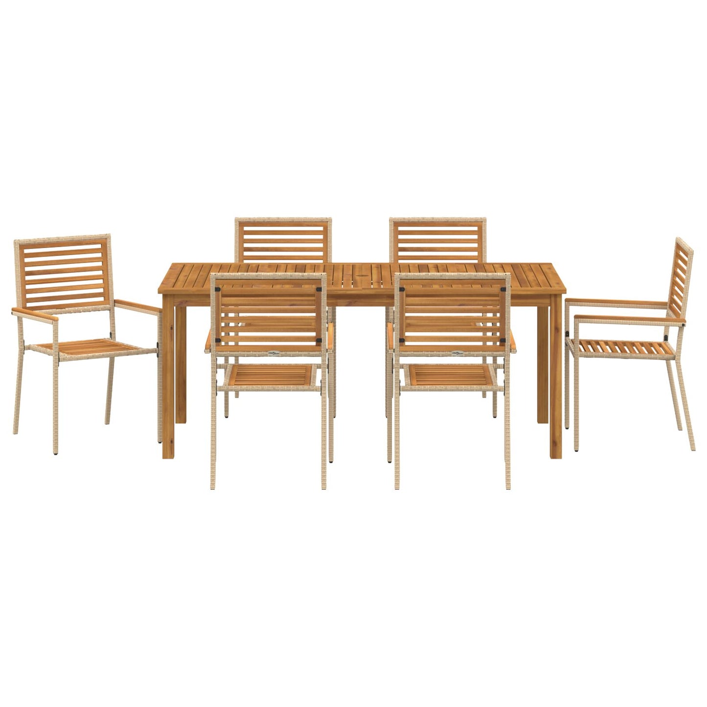 vidaXL 7-osainen puutarhan ruokailusetti Beige polyrottingista ja akasiasta, vidaXL Pinottavat puutarhatuolit tyynyillä - 2-osainen beige polyrottingista
