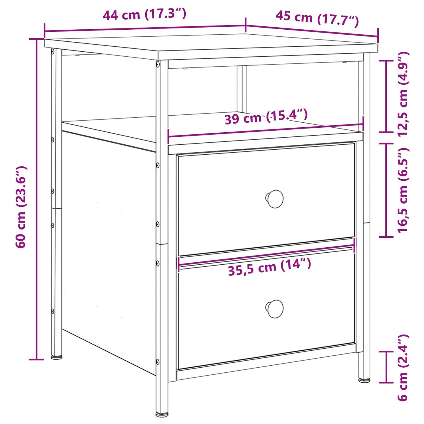 vidaXL Yöpöydät 2 kpl Musta Tammi 44x45x60 cm Tekninen Puu