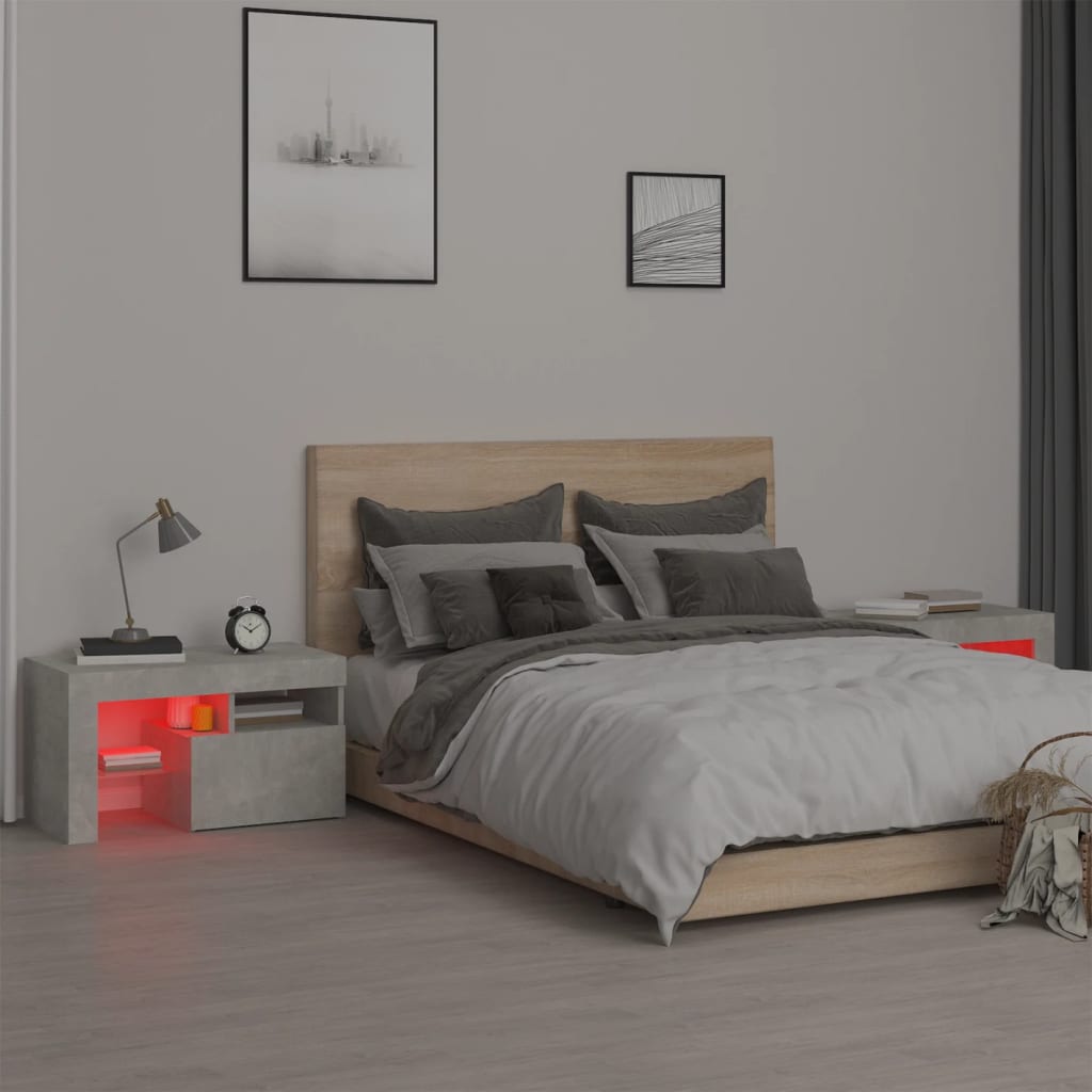 vidaXL Yöpöydät 2 kpl LED-valoilla betoninharmaa 70x36,5x40 cm