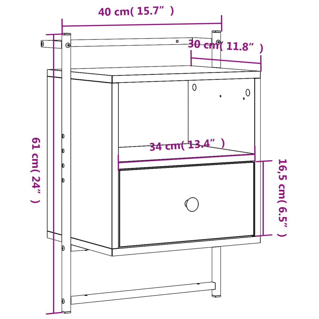 vidaXL Yöpöydät seinälle 2 kpl ruskea tammi 40x30x61 cm tekninen puu