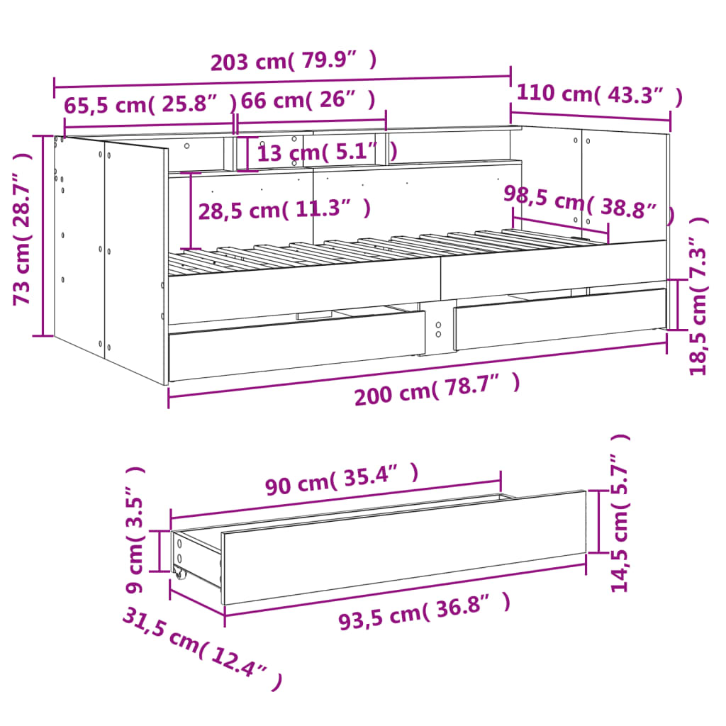 vidaXL Vuodesohva laatikoilla ei patjaa harmaa Sonoma 100x200 cm