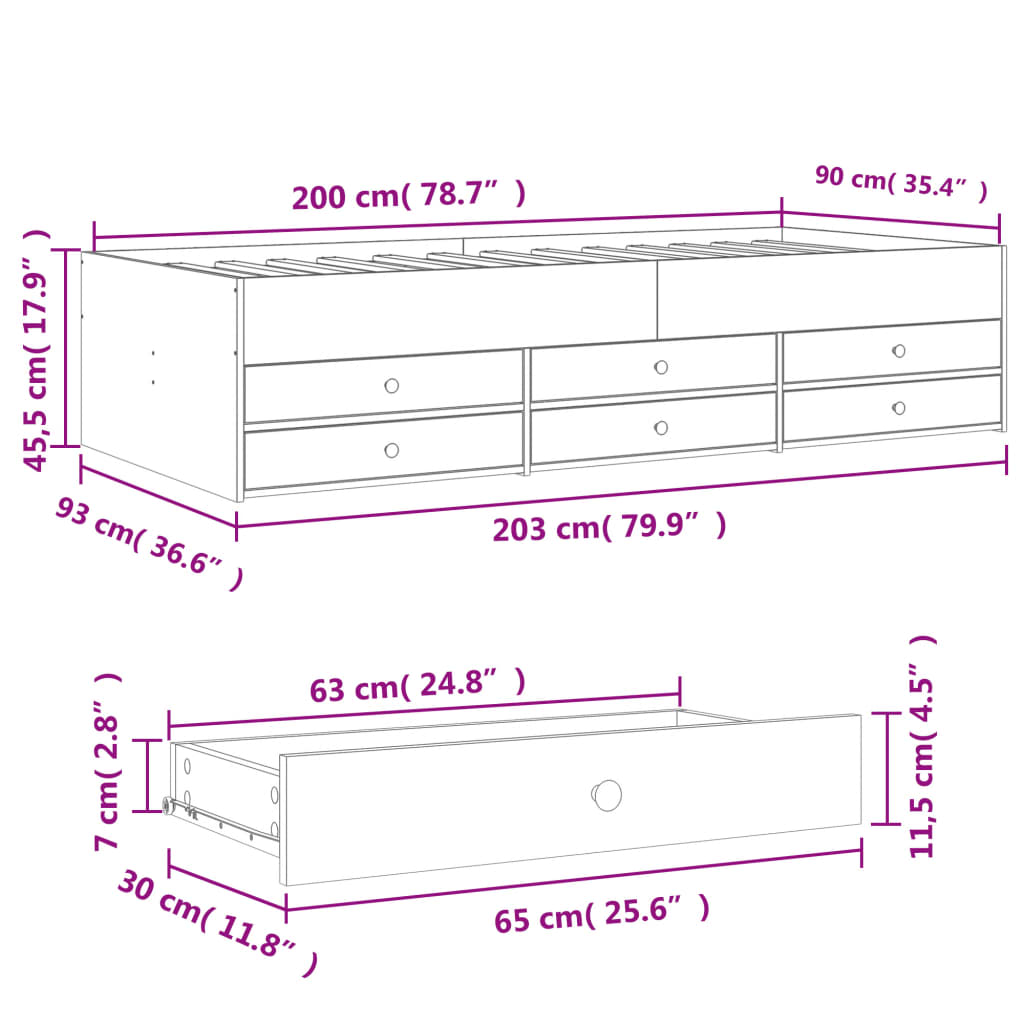 vidaXL Vuodesohva laatikoilla ei patjaa ruskea tammi 90x200 cm